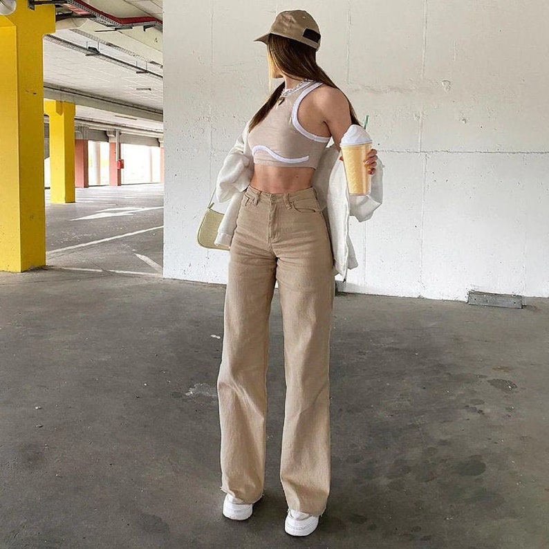 Y2K Khaki, High Waisted, Sexy, Denim Pants, Jeans - Y2K Pants - Solid Pants - 2000s Clothing - 90s - Vintage - Summer - Streetwear - Retro 