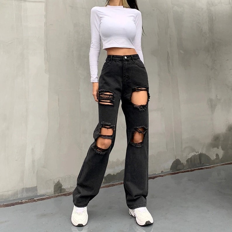 Ripped Black Jeans & Pocket Denim Pants, High Waisted Pants, Hole, Distressed Trousers - Streetwear - Ravewear - Vintage - HipHop - Harajuku 