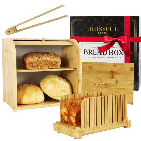 Bamboo Bread Box and Bamboo Bread Slicer Bundle, Bread Box for Kitchen  Counter Top, Wooden Roll Top Bread Storage 