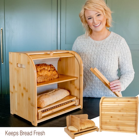 Bamboo Bread Box and Bamboo Bread Slicer Bundle, Bread Box for Kitchen  Counter Top, Wooden Roll Top Bread Storage 