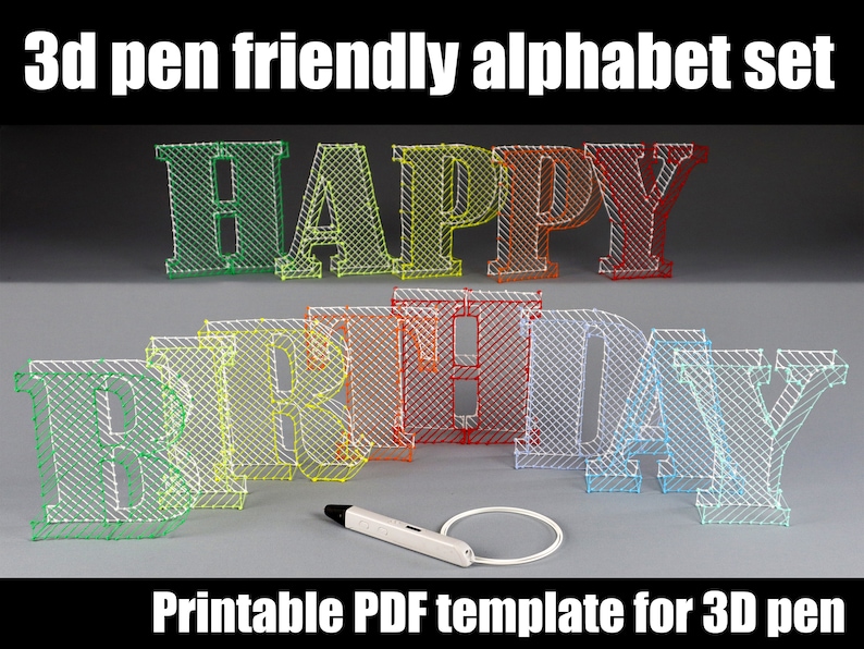May include: Printable 3D pen template for the words "Happy Birthday". The letters are outlined in a grid pattern and are in different colors, including green, yellow, orange, red, white, blue, and light blue. A 3D pen is included in the image.