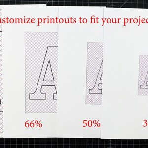 May include: Four images showing the same letter 'A' printed at different sizes. The letter is printed on a white background with a grid pattern. The images are labeled with percentages: 100%, 66%, 50%, and 33%.