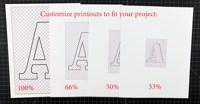 May include: Four images showing the same letter 'A' printed at different sizes. The letter is printed on a white background with a grid pattern. The images are labeled with percentages: 100%, 66%, 50%, and 33%.