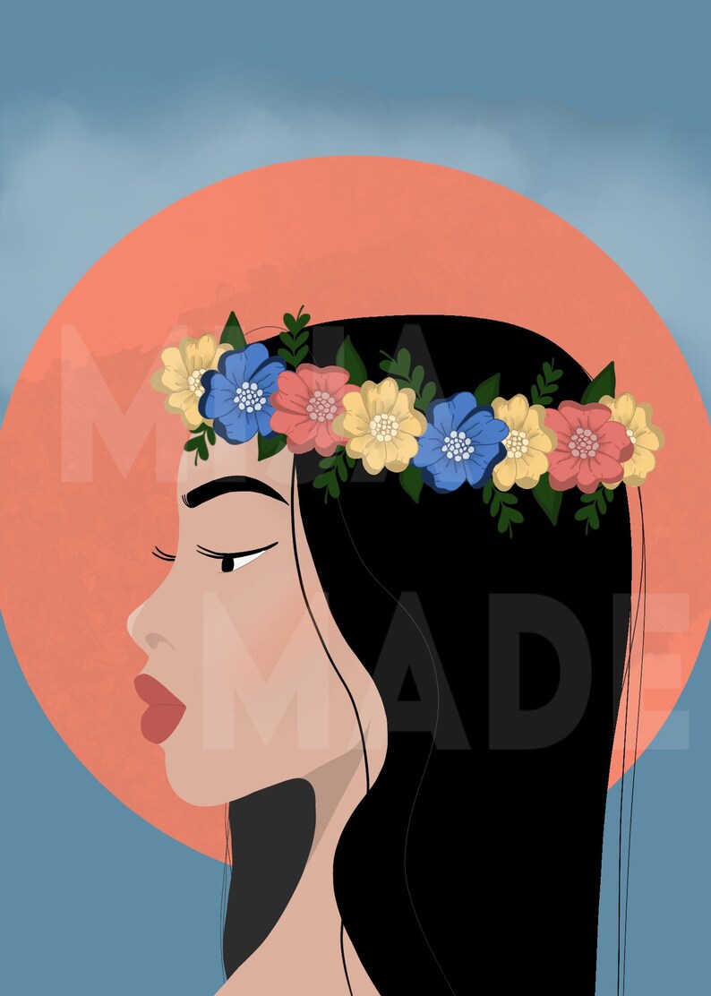 May include: Digital illustration of a woman in profile, wearing a floral crown. The artwork features a peach-colored circle behind the woman's head, with a blue background. The woman has black hair and red lips.