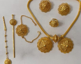 Äthiopisches Eritreisches Goldfiligranes Schmuckset - Halskette, Ohrringe, Ring, Armband, Kopfkette