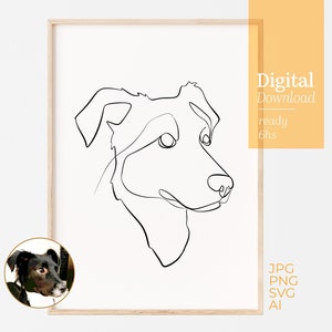 May include: Line art drawing of a dog's head in black on a white background. The drawing is in a simple, minimalist style. The dog's head is facing to the right, and its ears are perked up. The dog's eyes are closed, and its mouth is slightly open. The drawing is framed in a light wood frame.