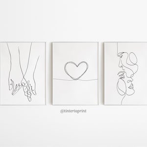 Puede incluir: Tres impresiones de arte en línea en blanco y negro. La primera impresión muestra dos manos que se sostienen. La segunda impresión muestra una forma de corazón. La tercera impresión muestra dos caras entrelazadas.