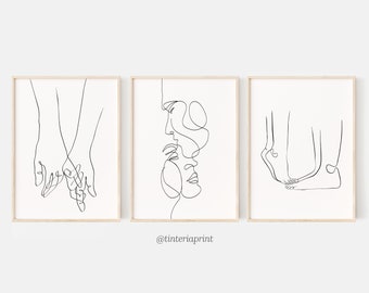 Line Art Couple, DIGITAL ART, Set of 3 prints, Fine line, Couple Gift, Above bed art, One line drawing, Line art hands, One line art couple