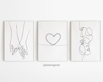 Line Art Couple, DIGITAL ART, Set of 3 prints, Fine line, Couple Gift, Above bed art, One line drawing, Line art hands, One line art couple