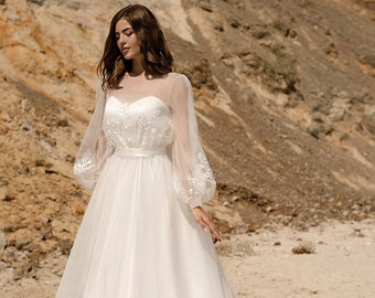 Modern minimalist wedding dress, Rustic wedding dress, A-Line Wedding Dress, Long Sleeve Wedding Dress, Embroidered Wedding Dress
