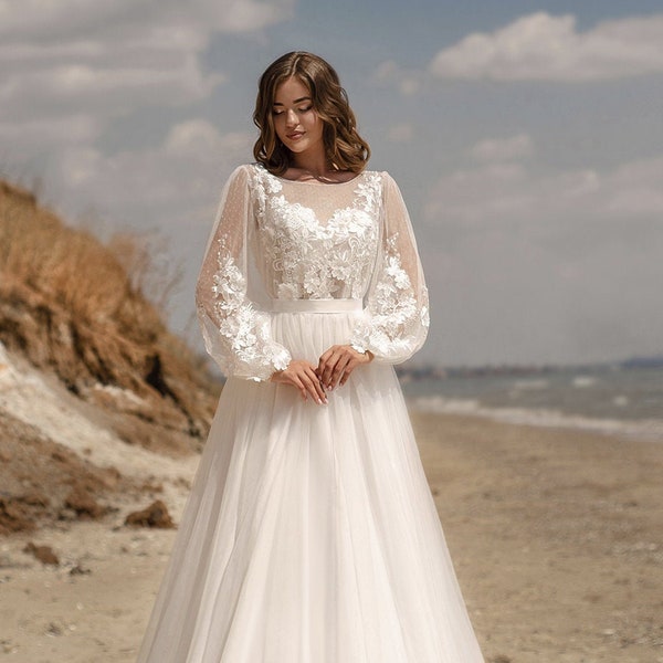 Chiffon long sleeve wedding gown, Shiffon gown, Ball gown, Modest wedding dress, Boho rustic bridal dress, Romantic Dress, Boho Wedding
