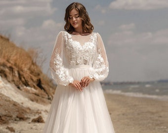 Chiffon long sleeve wedding gown, Shiffon gown, Ball gown, Modest wedding dress, Boho rustic bridal dress, Romantic Dress, Boho Wedding