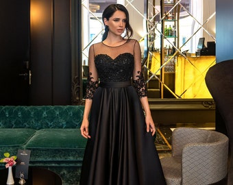 Black Formal Gown, Black Elegant Dress, Evening Dress, Princess Ball Gown, Long Black Evening Dress, A-line party dress with lace