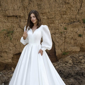 Simple wedding dress, Boho wedding dress, Minimalist bridal gown, Wedding dress with long sleeves, Wedding Dress Satin Dress, Elegant Dress