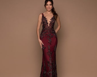 Mermaid Prom Dress, Open Back Dress, Long Prom Dresses, Evening Elegant Dress, Red Foral Dress, Formal Party Gown, Evening Gown, V-neck Gown