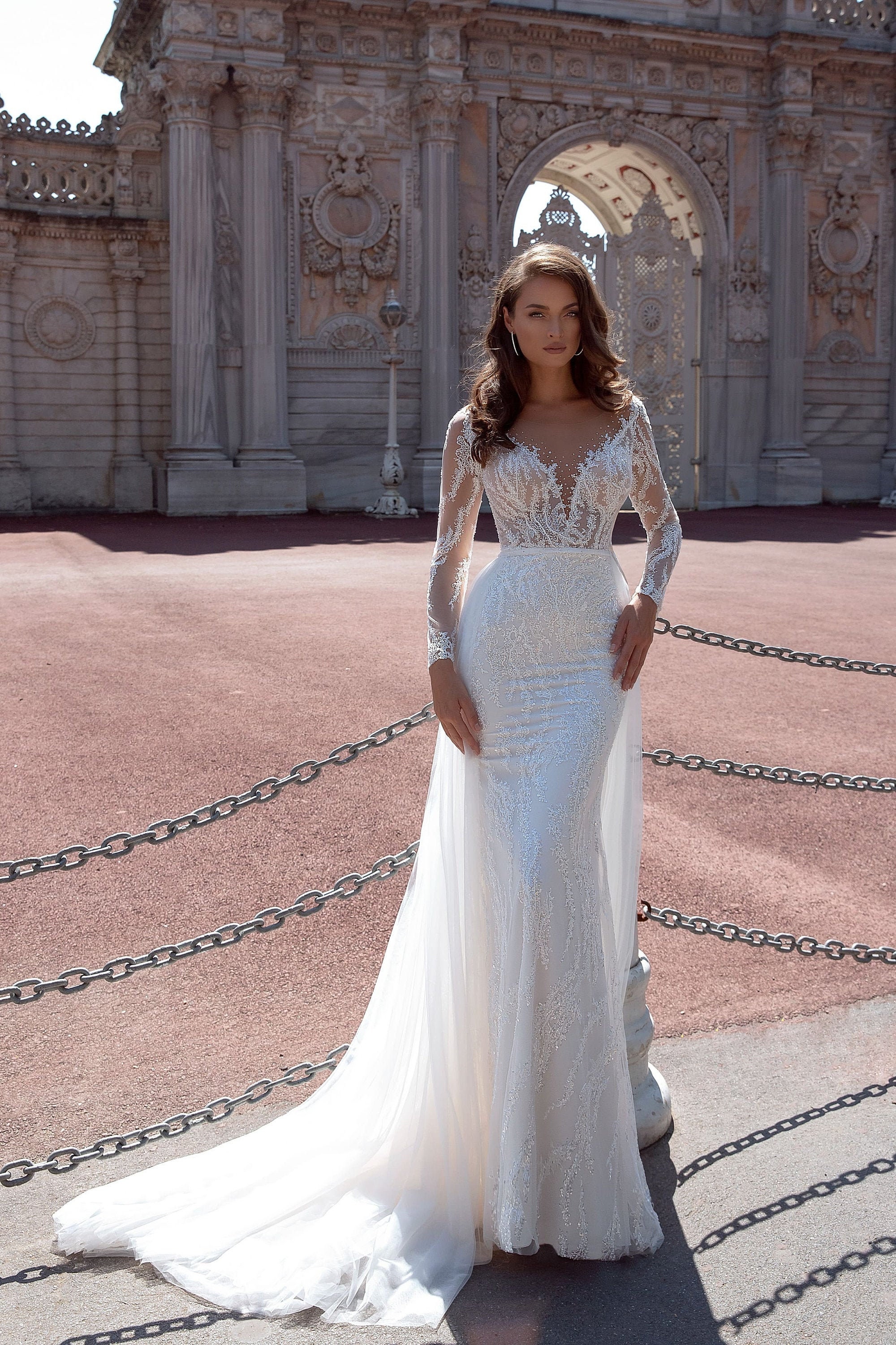 HUINI Spitze Brautkleid Standesamt Lang – Schulterfrei Meerjungfrau Hochzeitskleid Mit Schleppe