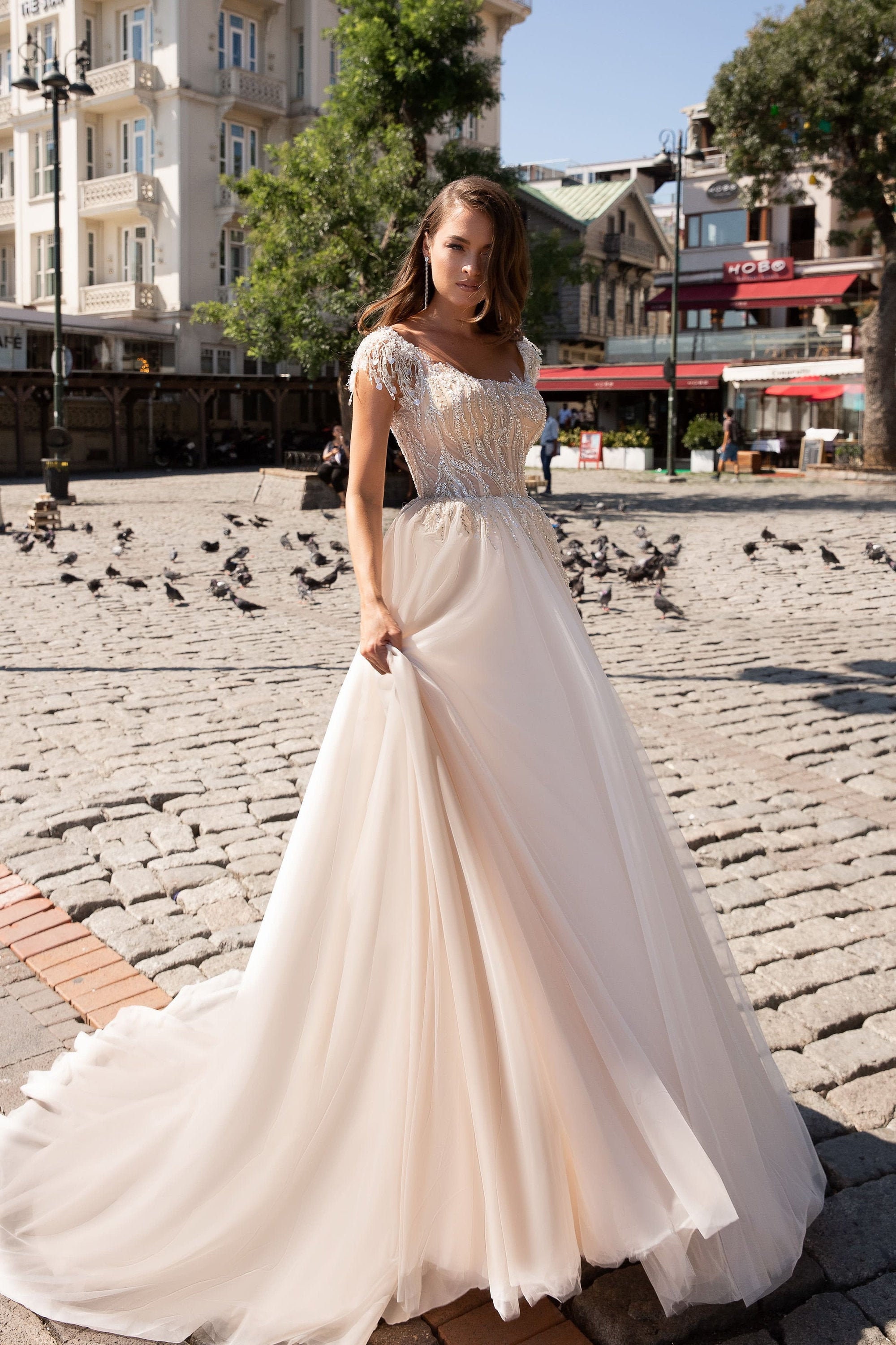 ivory and champagne wedding dress