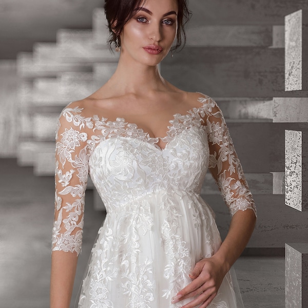 Maternity Wedding Dress, Lace Wedding Dress, A-line Wedding Dress for Pregnant, Expecting Bridal Gown, Tulle Bridal Dress,  Boho Bridal Gown