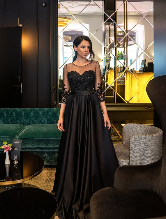 Black Embellished Ball Gown with 3/4 Sleeves – Trendy Divva