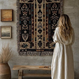May include: A large, patterned tapestry with a black central panel and beige and brown geometric designs hangs on a concrete wall. A wooden bench and a large terracotta vase with dried plants are in front of the wall. A woman in a white dress stands nearby.