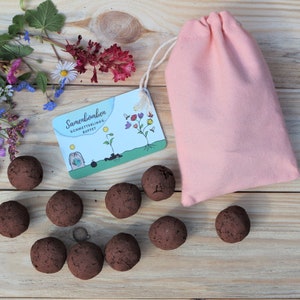 Samenbomben im rosa Baumwollbeutel mit Anleitung von Nature Roadshop