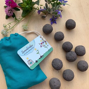 May include: A teal drawstring bag with a tag that reads "Samenbomben Wildblumenwiese" next to several dark gray seed bombs. The tag features a colorful illustration of flowers and bees. Sprigs of flowers are scattered around the seed bombs.