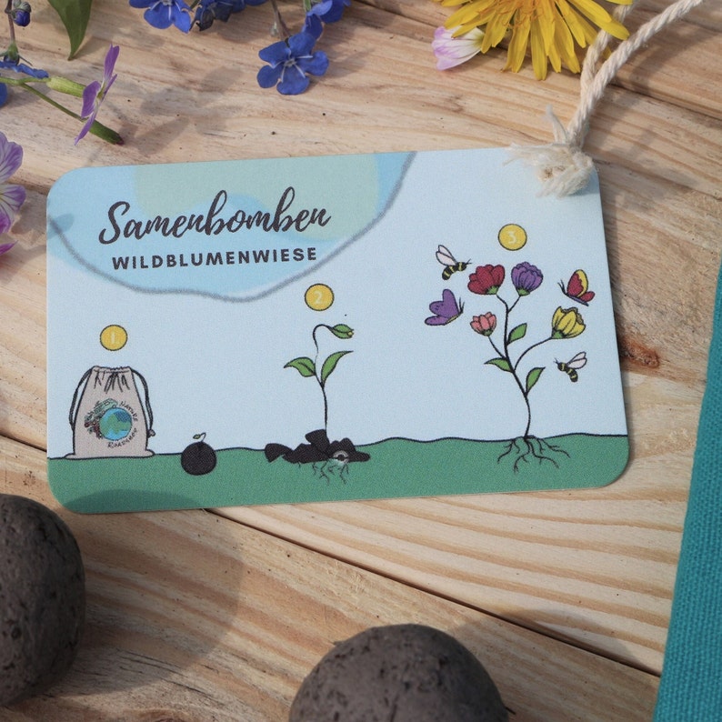 May include: A seed bomb card with the German text "Samenbomben WILDBLUMENWIESE" and illustrations of the seed bomb process. The card shows a seed bomb, a sprouting plant, and a flowering plant with bees and butterflies. The card is tied with a natural fiber string.