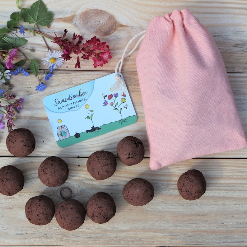 Samenbomben im rosa Baumwollbeutel mit Anleitung von Nature Roadshop