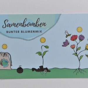 Op de afbeelding: Een rechthoekige kaart met afgeronde hoeken toont een lichtblauwe achtergrond en een afbeelding die de groei van bloemen illustreert. De kaart bevat de tekst "Samenbomber Bunter Blumenmix" en illustraties van een zaadbom, een ontkiemende plant en bloeiende bloemen met bijen en vlinders.