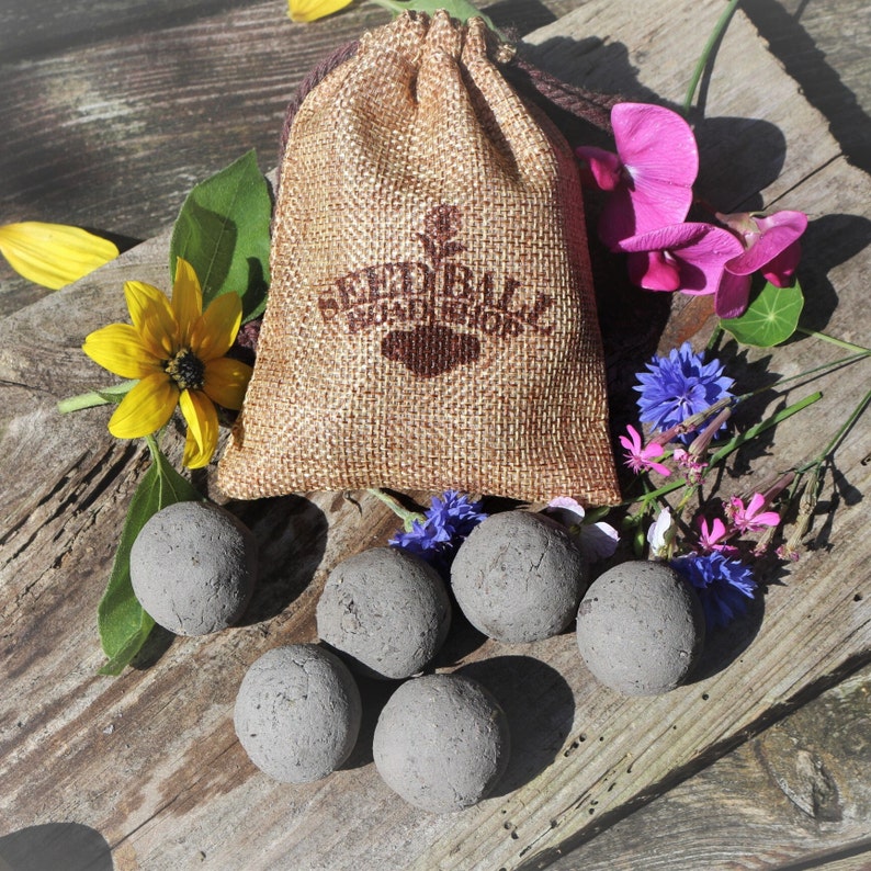 Op de afbeelding: Een jute trekkoordzak met de tekst "SEED BALL ROAD SHOP" en verschillende grijze zaadballen. De zak is omgeven door kleurrijke bloemen, waaronder gele, roze en blauwe bloemen, op een verweerd houten oppervlak.