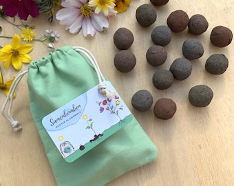 Seedbombs im Frühling verschenken, 16 Stück im Baumwollbeutel.