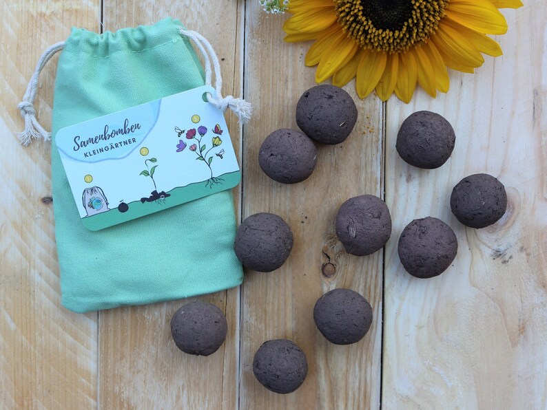 Ein kleiner Baumwollbeutel in Mint, mit einer naturfarbigen Kordel zum zu ziehen, daran ist eine Pappkarte mit Anleitung befestigt. Da neben liegen 10 braune Samenbomben und eine Sonnnenblumen Blüte.