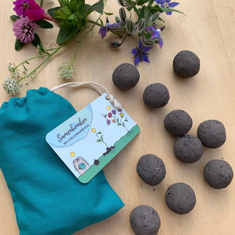 May include: A teal drawstring bag with a tag that reads "Samenbomben Wildblumenwiese" next to several dark gray seed bombs. The tag features a colorful illustration of flowers and bees. Sprigs of flowers are scattered around the seed bombs.