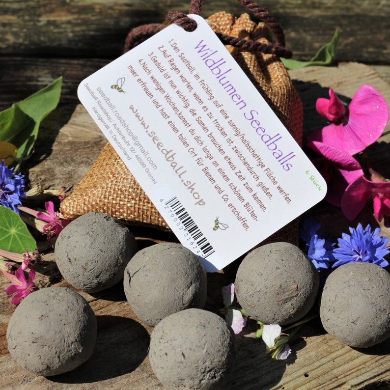 Op de afbeelding: Zes grijze bloembollen voor wilde bloemen, gepresenteerd met een kleine jute zak en een label met instructies. Het label luidt "Wildblumen Seedballs" en bevat een websiteadres. De sc&egrave;ne is versierd met roze en blauwe bloemen.