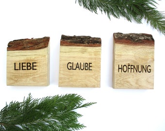 Minimalistische Eichenholz Deko, Liebe Glaube Hoffnung, Set, Holz branding, upcycling, Unikat