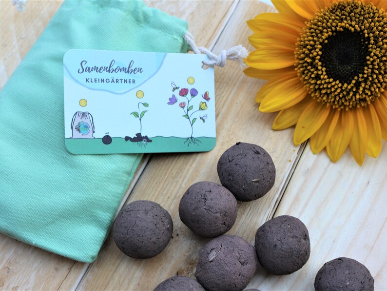 Ein kleiner Baumwollbeutel in Mint, mit einer naturfarbigen Kordel zum zu ziehen, daran ist eine Pappkarte mit Anleitung befestigt. Da neben liegen braune Samenbomben und eine Sonnnenblumen Blüte.