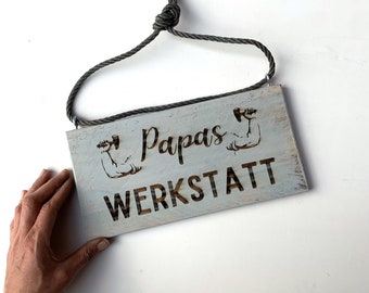 Papas Werkstatt Schild aus altem Holz und Fischerseil hergestellt, schönes Vatertagsgeschenk, auch personalisierbar.