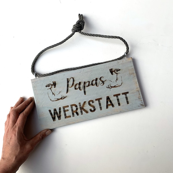 Papas Werkstatt Schild aus altem Holz und Fischerseil hergestellt, schönes Vatertagsgeschenk, auch personalisierbar.