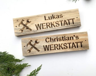 Werkstatt Schild, personalisierbar, mit Branding, Upcycling Produkt, Geschenk für Ihn, Maße: 28,5cm x 7,5cm