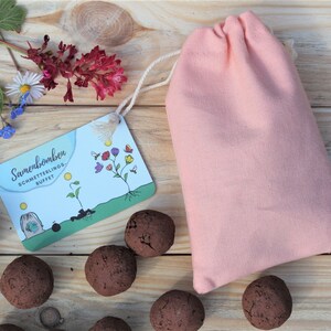 Samenbomben im rosa Baumwollbeutel mit Anleitung von Nature Roadshop