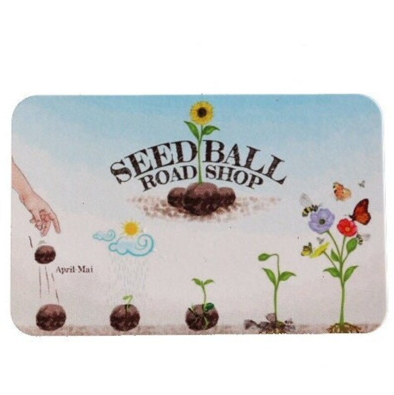 May include: A rectangular sign with a light blue sky background features the text "SEED BALL ROAD SHOP". The illustration shows the growth of a sunflower, with seed balls, a hand planting seeds, and various stages of plant growth, with butterflies and bees.