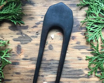 Burned wood hair fork. Large geometric hairfork.
