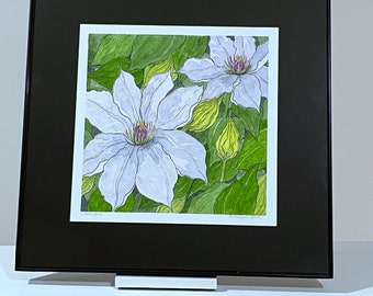 Hand-painted Watercolor and Ink Floral Art - Botanical Home Decor - Lavander Clematis Painting