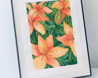 Day Lilies Painting, Original Watercolor and Watercolor Marker Art