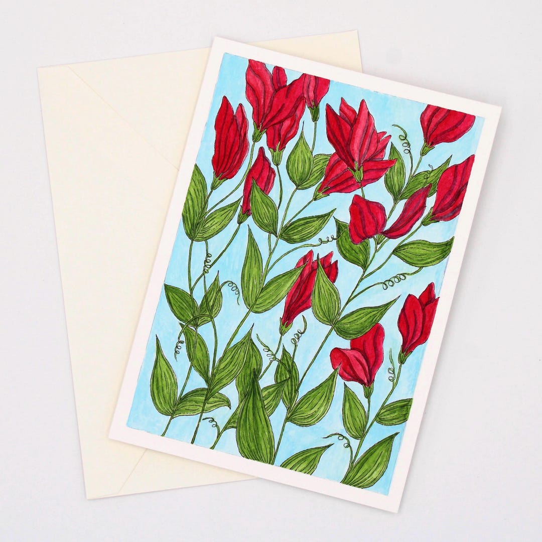Hand Painted Floral Greeting Cards With Envelopes - Watercolor Sweetpea ...