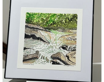 Horseshoe Falls, South Carolina Waterfall Painting, Original Watercolor and Ink Art