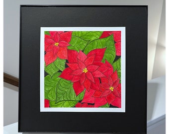 Hand-painted Watercolor and Ink Floral Art - Botanical Home Decor - Red Poinsettia Painting