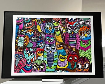 Colorful Abstract Owl Painting - Original Watercolor and Ink Art - Clearance