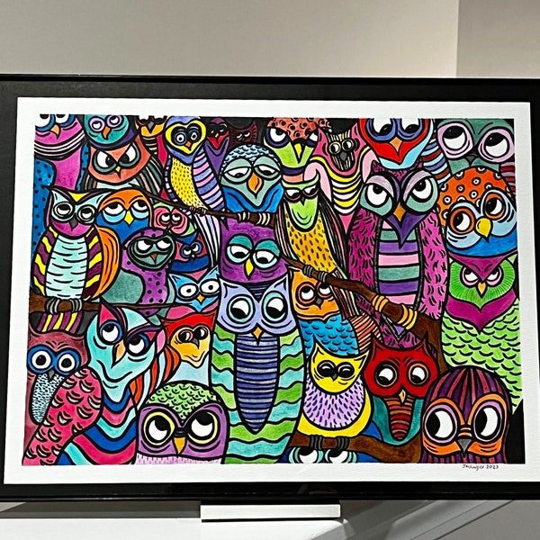 Colorful Abstract Owl Painting - Original Watercolor and Ink Art - Clearance