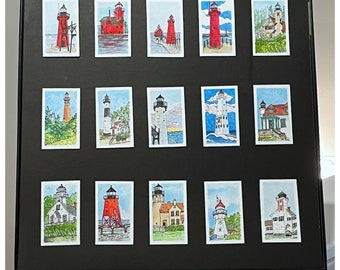Hand-Painted Miniature Lighthouses - Lake Michigan Lighthouse Art - Nautical Wall Art - Original Watercolor and Ink Miniatures